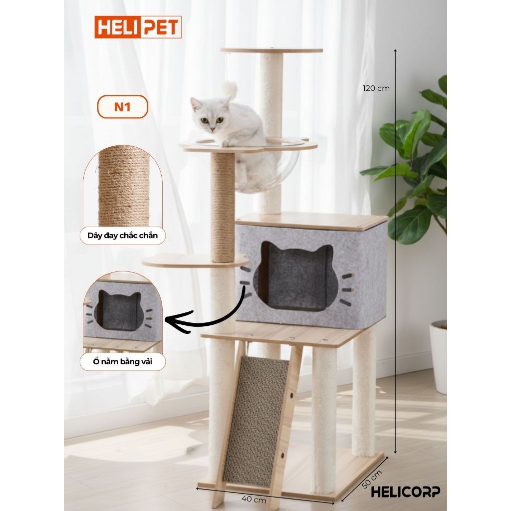 Nhà gỗ cattree cho mèo HELIPET nhà cây cào móng cho mèo, cây mèo cào móng chất lượng cao