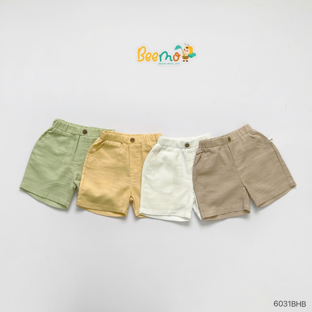 Bộ sơ mi linen basic trơn màu mềm mát cho bé trai, bộ sơ mi cộc cổ trụ khuy gỗ cho bé