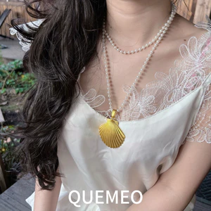 Dây Chuyền Phối Charm Vỏ Sò Mạ Vàng TINY QUEMEO Chuỗi Dây Ngọc Nhiều Lớp Du Lịch Biển