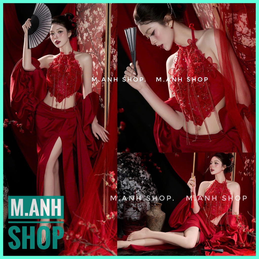 Sét Yếm Choàng Đá Đỏ Chụp Ảnh Trung Thu Lễ Tết Xinh Đep