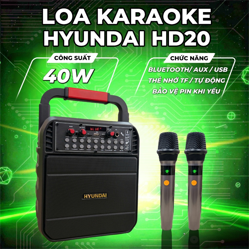 Loa Karaole Hyundai HD20 công suất 40W, có quai xách tay - Kem Micro AUX TP Card USB - Bluetooth / AUX / USB