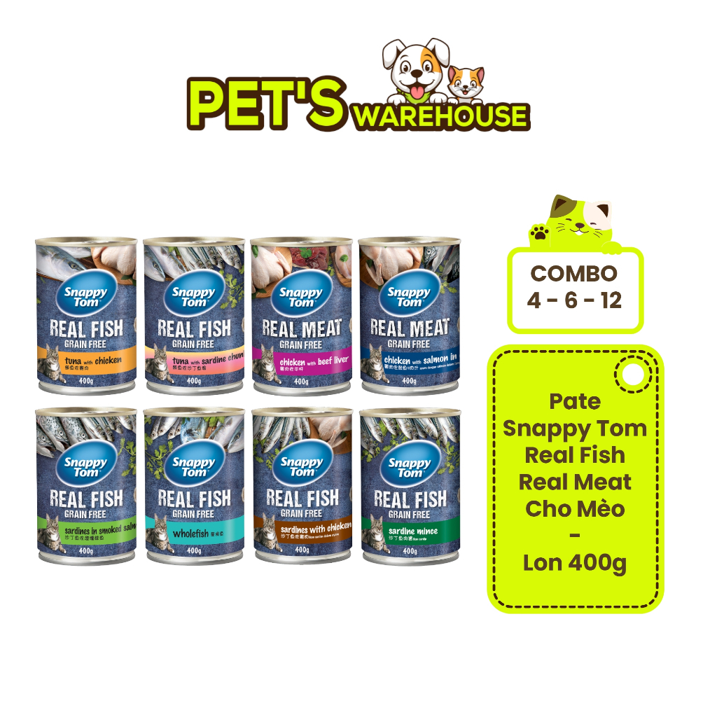[Combo 4-6-12 Lon] Pate Snappy Tom Real Fish Mèo Lon 400G, siêu tiết kiệm