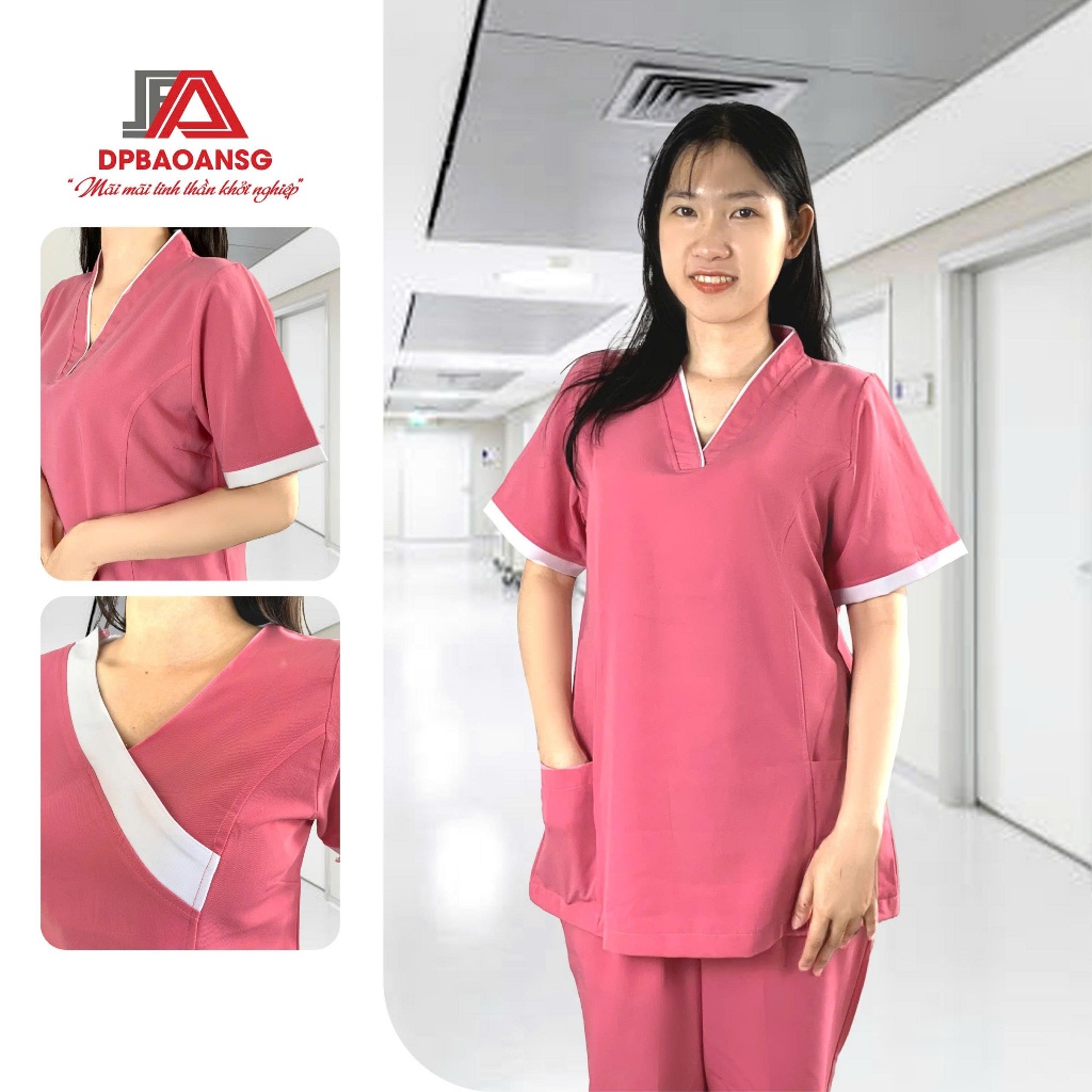 Bộ Scursb Nữ Màu Hồng Chuẩn Đồng Phục Spa, Y Tá, Giáo Viên-Vải Cotton Hàn Form Chuyên Nghiệp