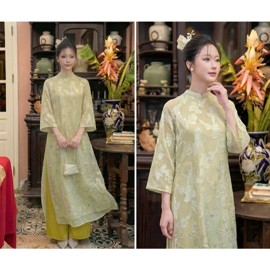 Áo Dài Cách Tân Dáng Suông Tơ Thêu Hoa Nổi Cao Cấp - Áo Dài Tiểu Thư Tay Lỡ 2 Lớp Sang Trọng (Kèm Quần) T1511G