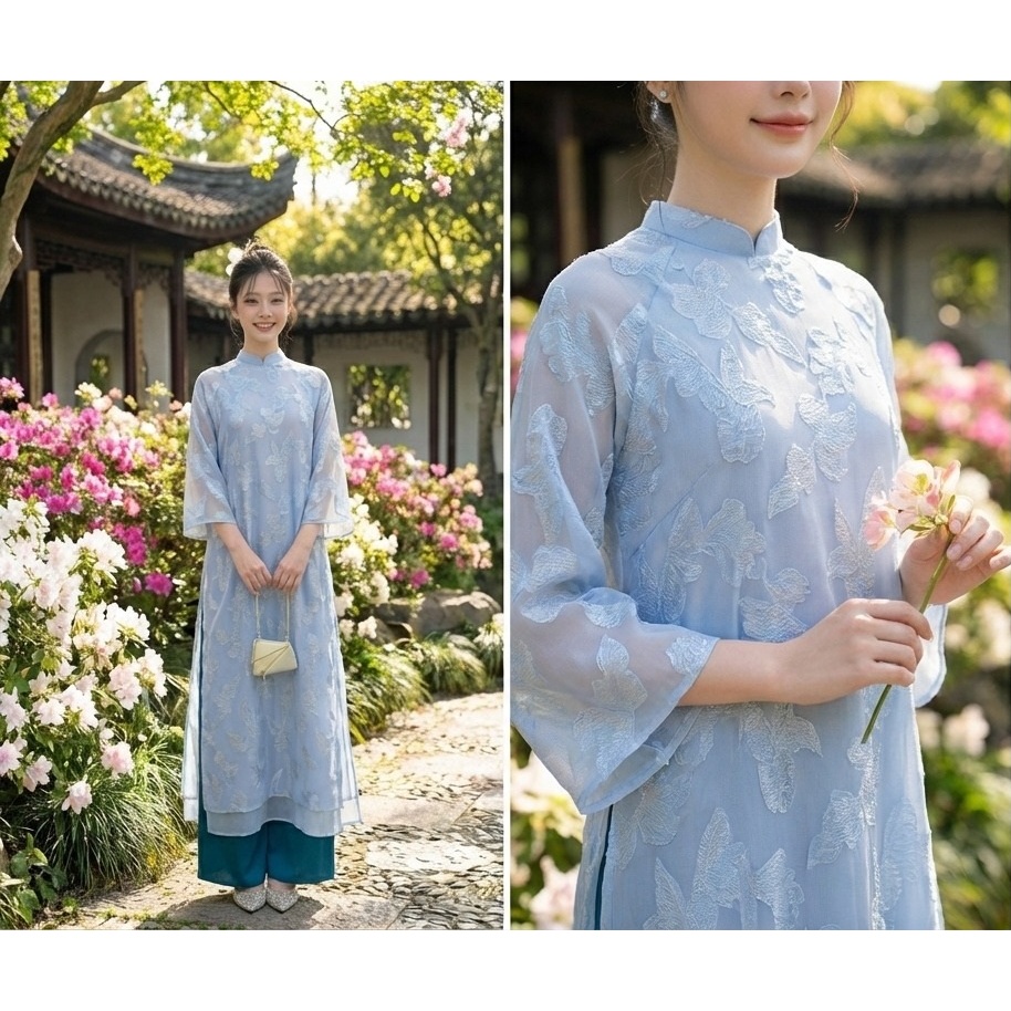 Áo Dài Cách Tân Dáng Suông Tơ Thêu Hoa Nổi Cao Cấp - Áo Dài Tiểu Thư Tay Lỡ 2 Lớp Sang Trọng (Kèm Quần) T1511G