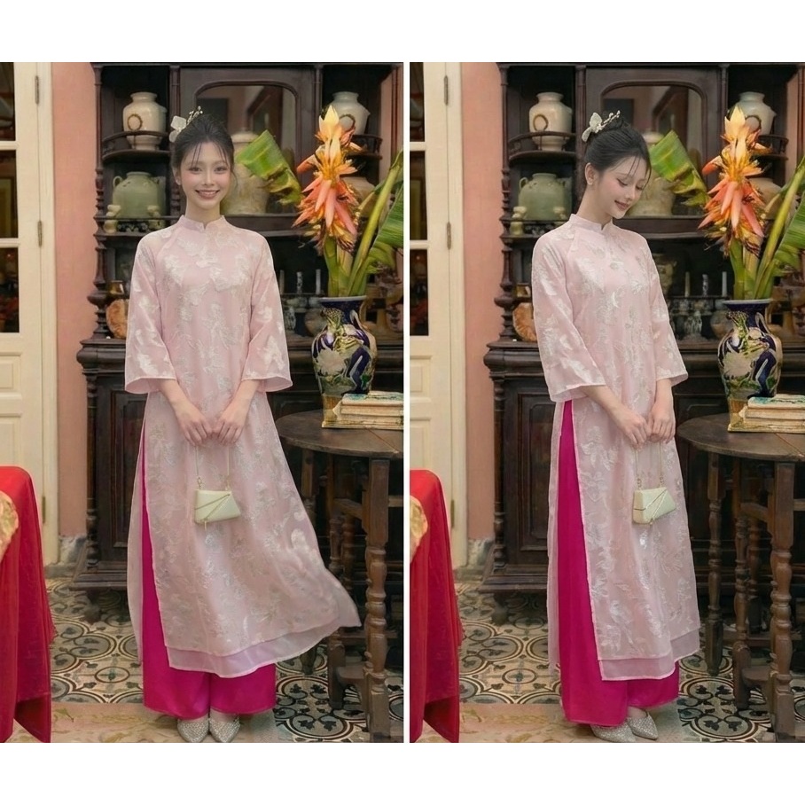 Áo Dài Cách Tân Dáng Suông Tơ Thêu Hoa Nổi Cao Cấp - Áo Dài Tiểu Thư Tay Lỡ 2 Lớp Sang Trọng (Kèm Quần) T1511G