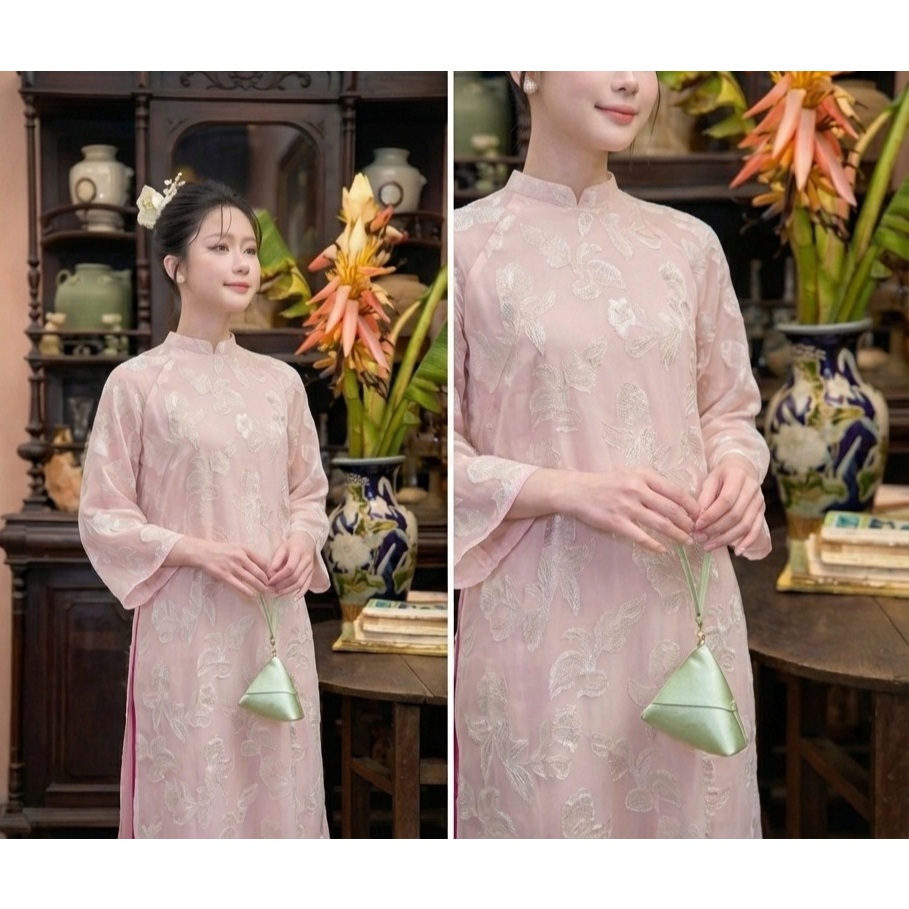 Áo Dài Cách Tân Dáng Suông Tơ Thêu Hoa Nổi Cao Cấp - Áo Dài Tiểu Thư Tay Lỡ 2 Lớp Sang Trọng (Kèm Quần) T1511G