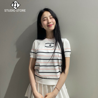 LT - Áo len nữ cộc tay cổ tròn, len mongtoghi chữ thêu ngực, free size 1553