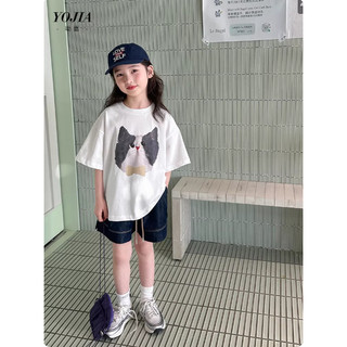 [B&G] Sét bộ áo thun trắng in mèo tay lở phối quần jean đùi cá tính cho bé gái từ 12-45kg