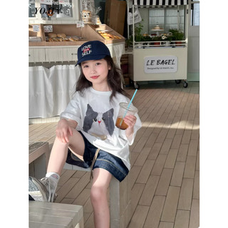 [B&G] Sét bộ áo thun trắng in mèo tay lở phối quần jean đùi cá tính cho bé gái từ 12-45kg