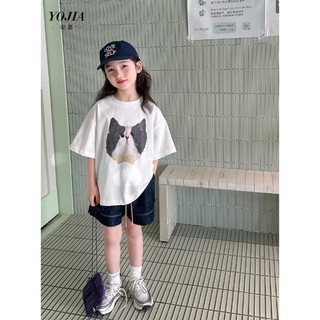 [B&G] Sét bộ áo thun trắng in mèo tay lở phối quần jean đùi cá tính cho bé gái từ 12-45kg
