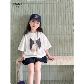 [B&G] Sét bộ áo thun trắng in mèo tay lở phối quần jean đùi cá tính cho bé gái từ 12-45kg