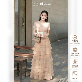 Set áo thun cổ lọ Khiết Style phối chân váy dài tầng bồng bềnh phong cách trẻ trung bay bổng KS531