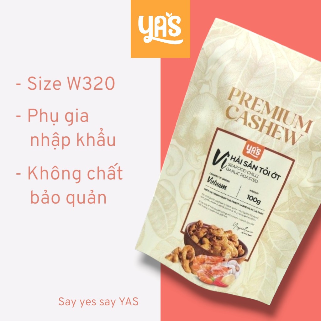 Hạt Điều Hải Sản Tỏi Ớt YAS Túi 100g – Hạt Điều Rang Giòn Tẩm Vị Cay Mặn Đậm Đà | Snack Hạt Điều