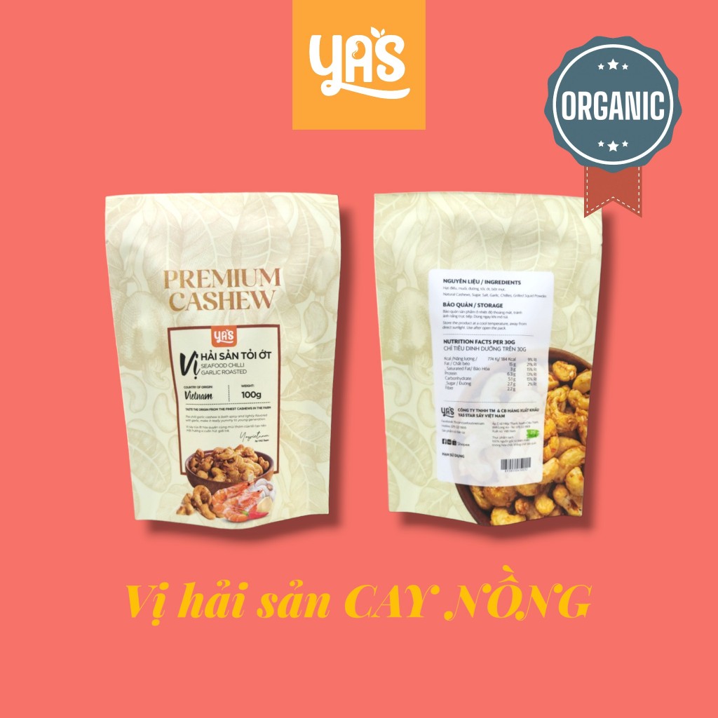Hạt Điều Hải Sản Tỏi Ớt YAS Túi 100g – Hạt Điều Rang Giòn Tẩm Vị Cay Mặn Đậm Đà | Snack Hạt Điều