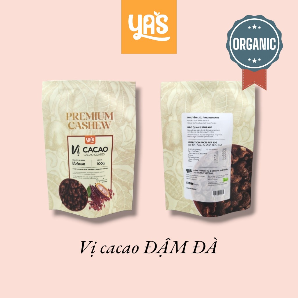 Hạt Điều Cacao YAS Túi 100g – Hạt Điều Tẩm Bột Cacao Thơm Béo Ngọt Nhẹ | Snack Hạt Điều YAS