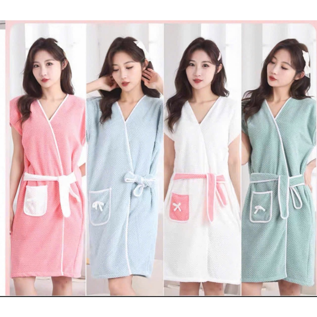 Váy Choàng Tắm Nữ Siêu Thấm Nước – Áo Choàng Tắm Tổ Ong Mềm Nhẹ, Khô Nhanh, Váy Tắm Spa Có Đai Buộc Tiện Lợi