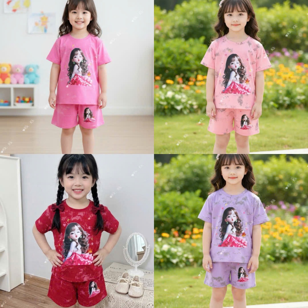 Bộ Cộc Tay Loang In Hình Cô Gái Dành Cho Bé Gái 9-42kg Chất Liệu Thoáng Mát