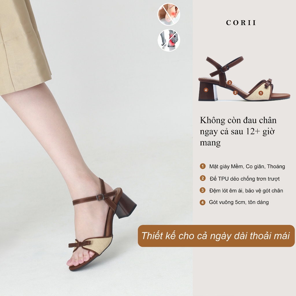 CORII - Giày Sandal Cao Gót Quai Ngang Mũi Tròn Phối Nơ Thời Trang và Thoải Mái Nhất - CR6ELA3 Nâu