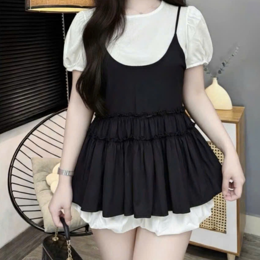 Áo Kiểu Nữ BABEE Tay Ngắn Phồng Chất Voan Mềm Mịn Kèm Áo Yếm Hai Dây Dáng Babydoll Dễ Thương Cá Tính