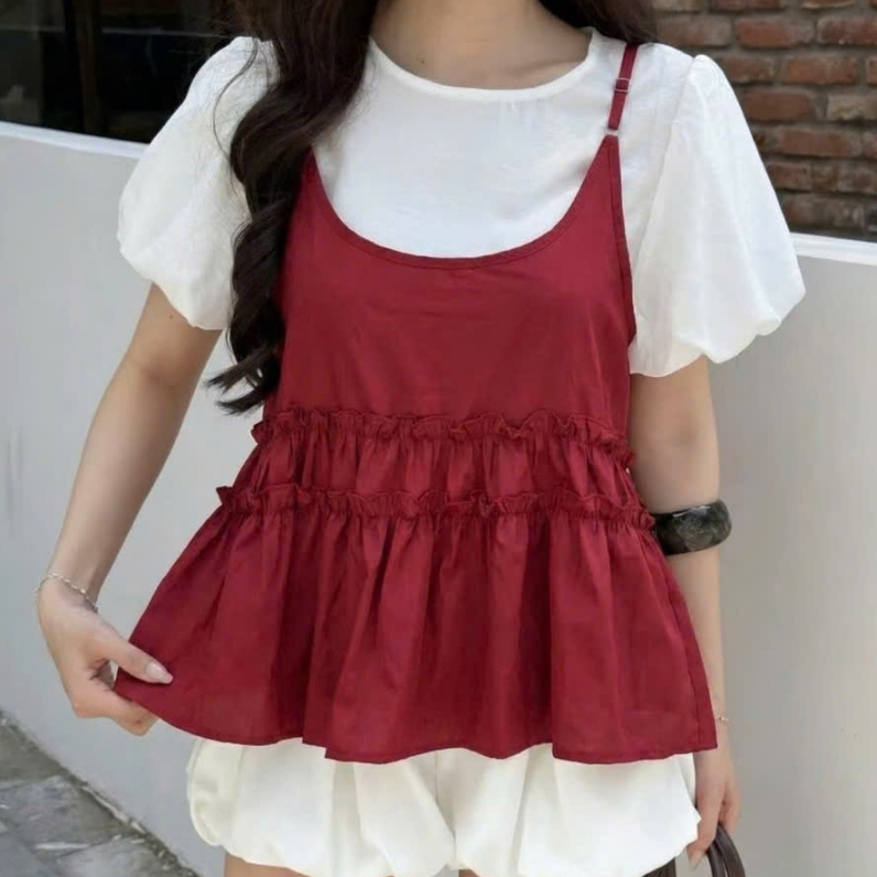 Áo Kiểu Nữ BABEE Tay Ngắn Phồng Chất Voan Mềm Mịn Kèm Áo Yếm Hai Dây Dáng Babydoll Dễ Thương Cá Tính