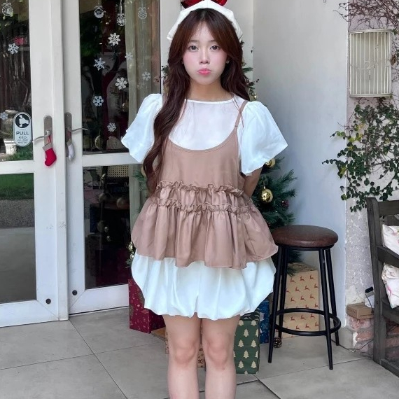 Áo Kiểu Nữ BABEE Tay Ngắn Phồng Chất Voan Mềm Mịn Kèm Áo Yếm Hai Dây Dáng Babydoll Dễ Thương Cá Tính
