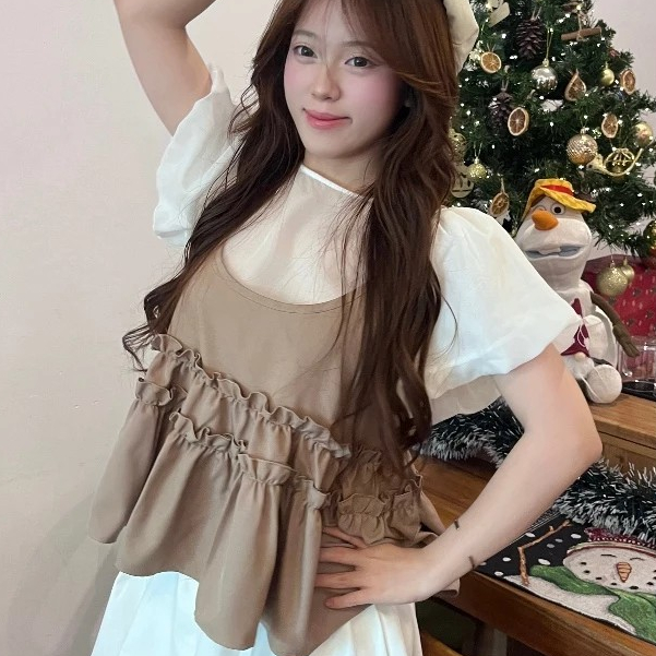 Áo Kiểu Nữ BABEE Tay Ngắn Phồng Chất Voan Mềm Mịn Kèm Áo Yếm Hai Dây Dáng Babydoll Dễ Thương Cá Tính