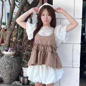 Áo Kiểu Nữ BABEE Tay Ngắn Phồng Chất Voan Mềm Mịn Kèm Áo Yếm Hai Dây Dáng Babydoll Dễ Thương Cá Tính
