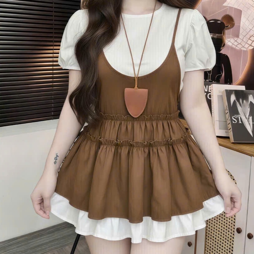 Áo Kiểu Nữ BABEE Tay Ngắn Phồng Chất Voan Mềm Mịn Kèm Áo Yếm Hai Dây Dáng Babydoll Dễ Thương Cá Tính