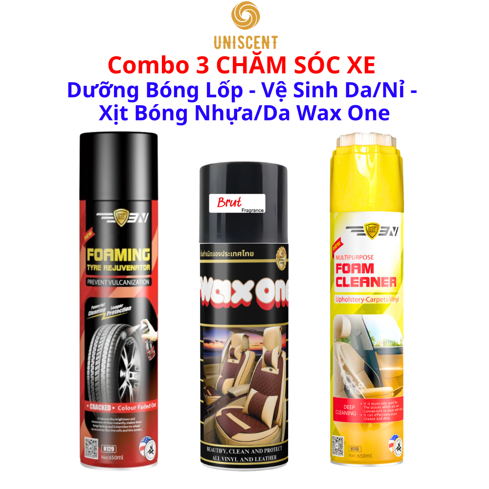Combo 3 CHĂM SÓC XE- Xịt Dưỡng Bóng Lốp - Vệ Sinh Da/Nỉ - Xịt Bóng Nhựa/Da Wax One