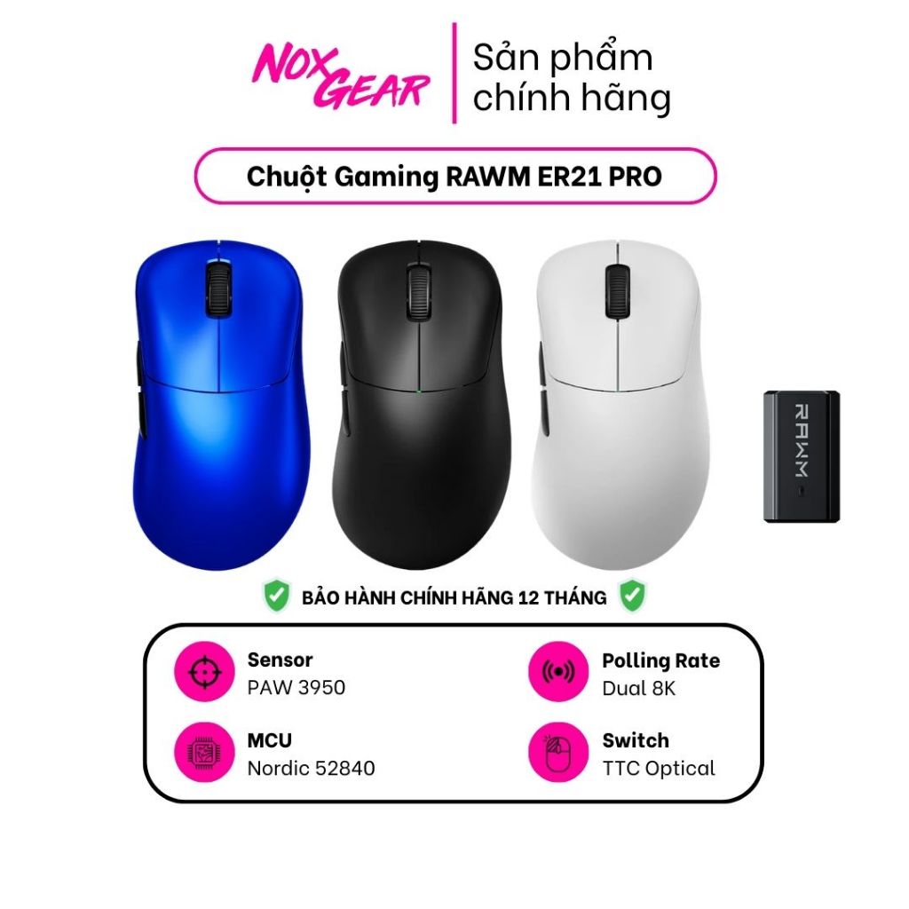 RAWM ER21 Pro - Chuột Gaming Wireless Công Thái Học - PAW3950 - 8K Polling Rate - Bảo Hành Chính Hãng 12 Tháng