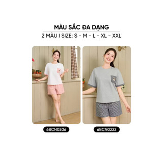 6BCN02 Đồ bộ nữ CARDINA chất cotton cổ tròn có túi ốp và quần đùi kẻ 6BCN02