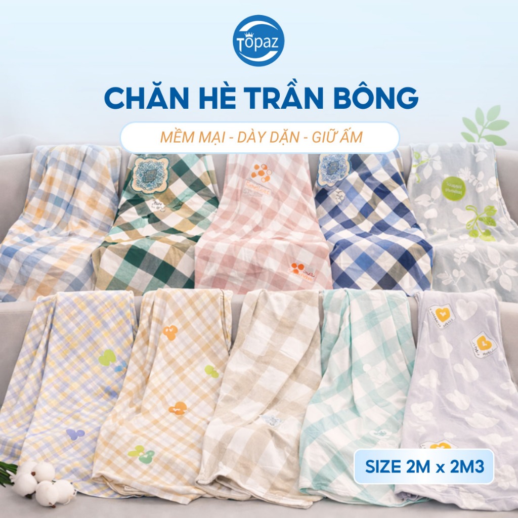 Chăn Hè Chất Liệu Cotton Cao Cấp Cực Mềm Mịn Topaz Kích Thước 2mx2m3, Chăn Mền Mùa Hè Kẻ Caro Thoáng Mát Phù Hợp Bốn Mùa