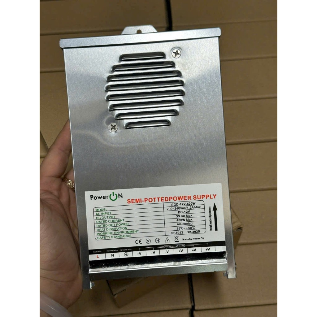 Nguồn Đổ Keo 12V 400W Chống Nước Ngoài Trời PowerON – Nguồn LED Quảng Cáo, Module LED, Camera 12V 33A Công Suất Lớn