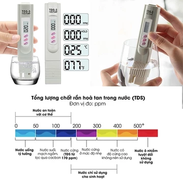 Bút Thử Nước Sạch TDS - Bút Đo Chỉ Số TDS, Đo Nhiệt Độ, Thử Nước Sạch - Ổn Định Chính Xác