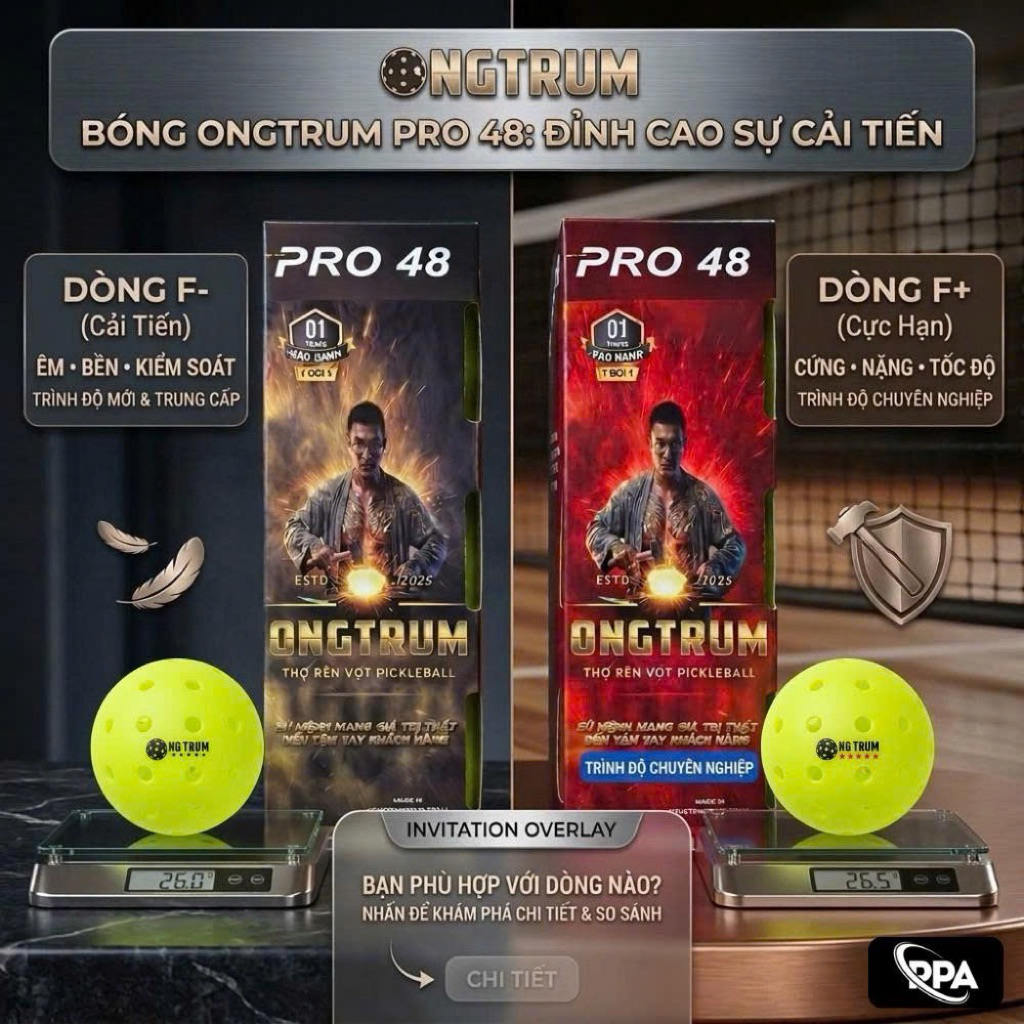 Bóng thi đấu Pickleball Chính Hãng ONGTRUM PRO 48 nguyên khối cải tiến công nghệ cao cấp chuẩn PPA 🏆