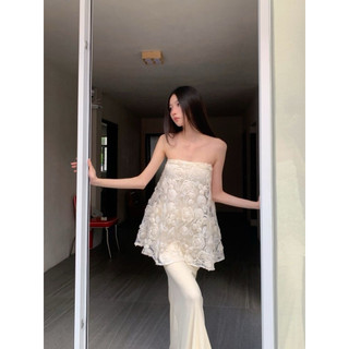 Set áo voan babydoll hoạ tiết hoa hồng 3D kết hợp chân váy đuôi cá dài phong cách sang chảnh
