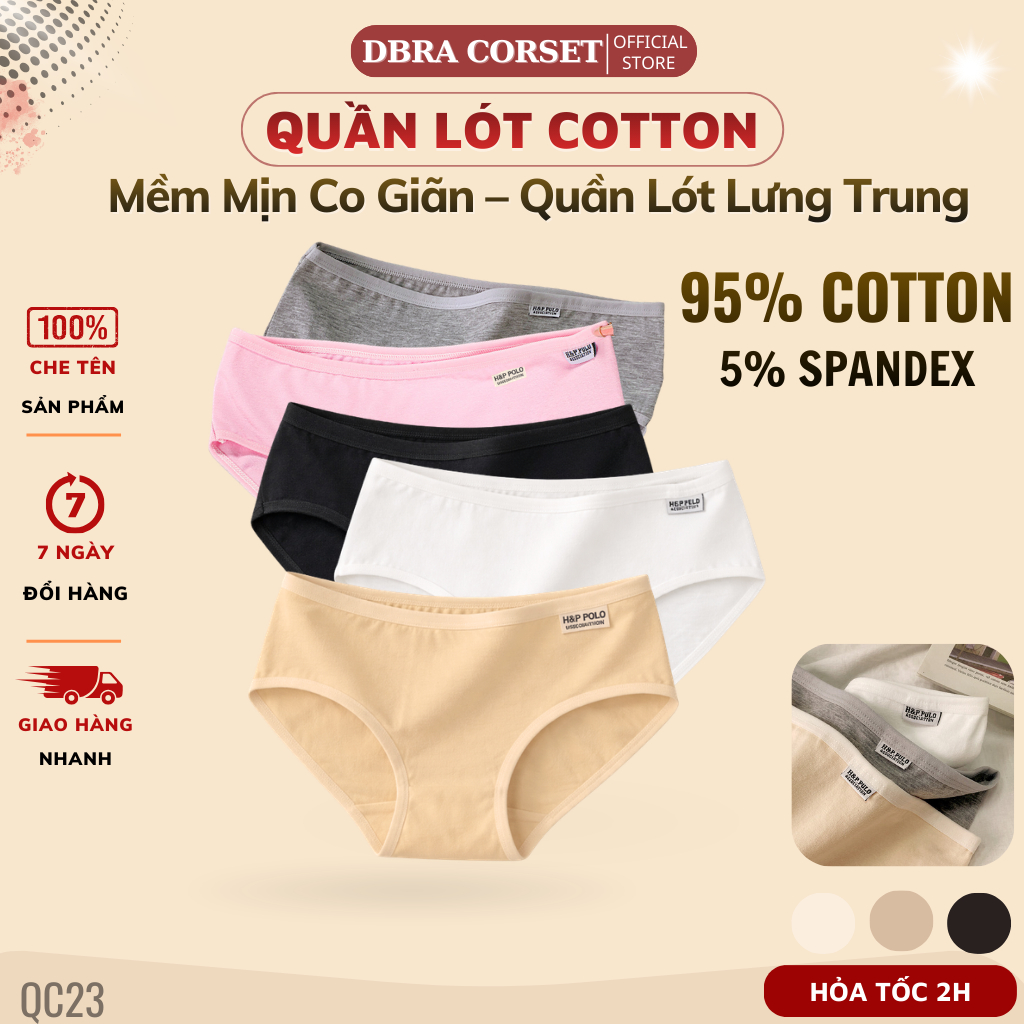 Combo 5 Quần Lót Nữ Cotton Mềm Mịn Co Giãn Ôm Nhẹ, Đáy Cotton Thoáng Khí Mặc Êm DBRA QC.23