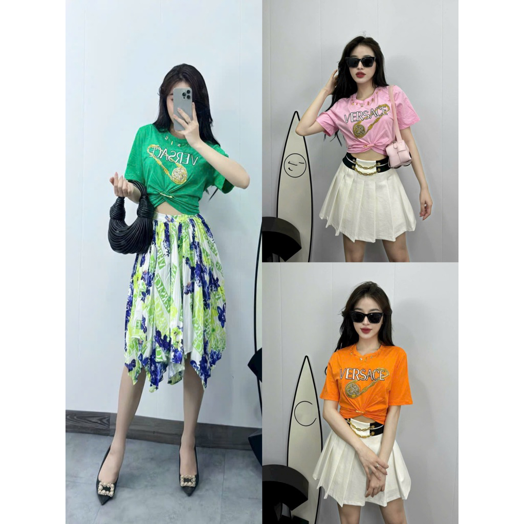 Set áo croptop đính charm cổ và váy quần nút siêu cấp