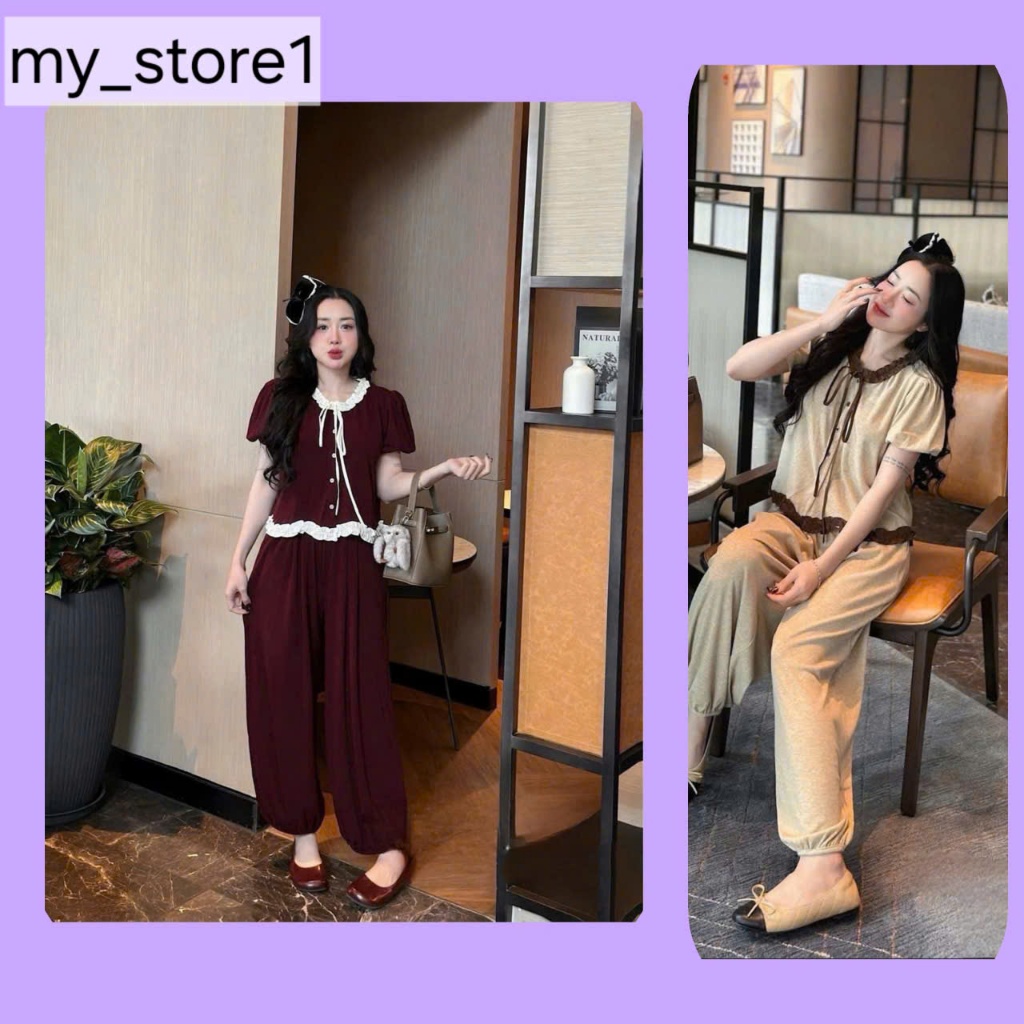 SÉT bộ mặc nhà siêu cute, phối quần bo gấu áo dây nơ siêu xinh cho nàng