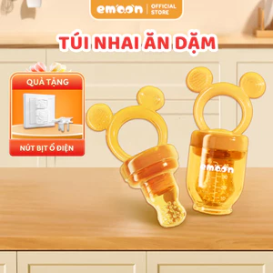Túi nhai ăn dặm cho bé Emoon silicone bạch kim an toàn, chống hóc tích hợp đầu gặm nướu