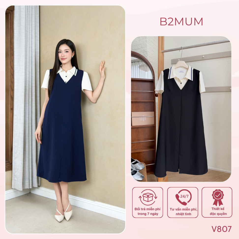 Yếm Bầu Rời Dáng Dài Chữ A Cổ V Thanh Lịch – Váy Yếm Bầu Chất Mềm Mát, Dễ Phối Đi Làm, Đi Chơi  Suri Dress V807 By B2MUM