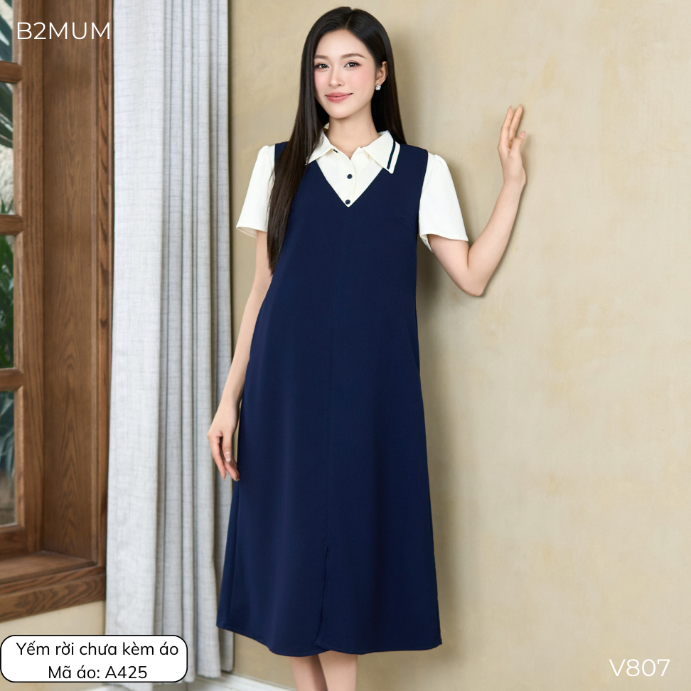 Yếm Bầu Rời Dáng Dài Chữ A Cổ V Thanh Lịch – Váy Yếm Bầu Chất Mềm Mát, Dễ Phối Đi Làm, Đi Chơi  Suri Dress V807 By B2MUM