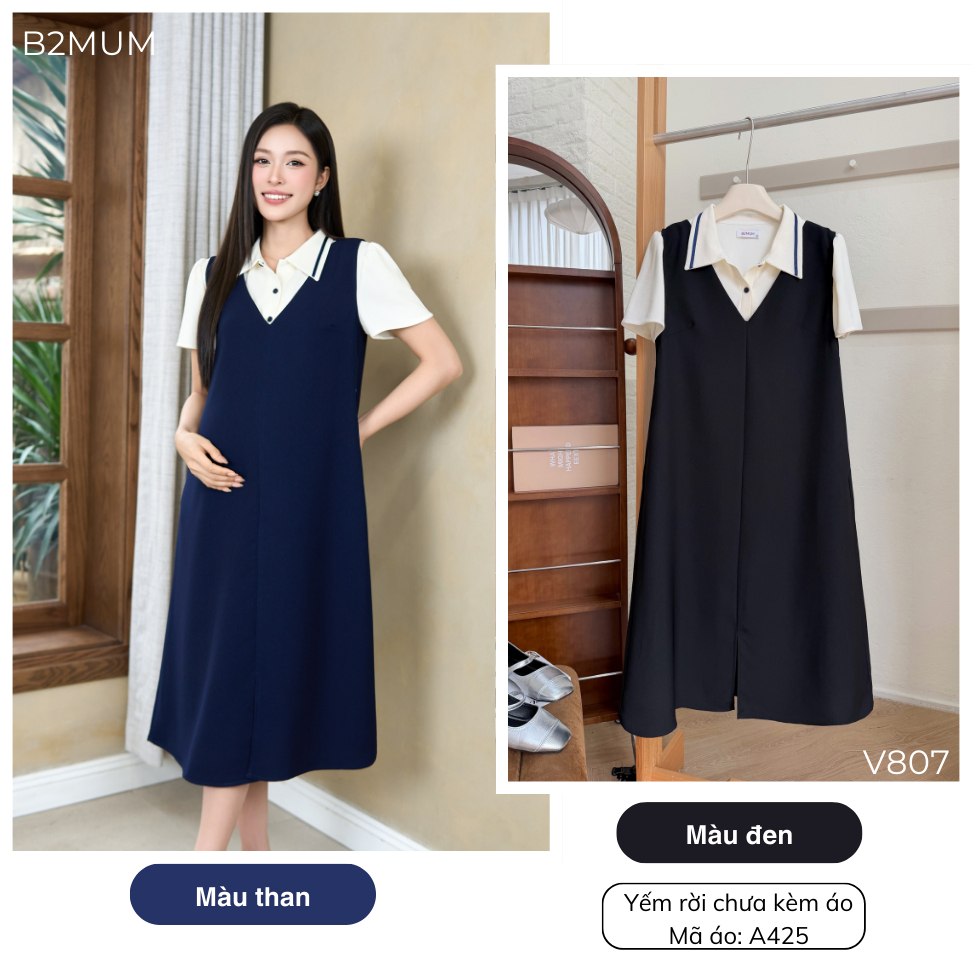 Yếm Bầu Rời Dáng Dài Chữ A Cổ V Thanh Lịch – Váy Yếm Bầu Chất Mềm Mát, Dễ Phối Đi Làm, Đi Chơi  Suri Dress V807 By B2MUM