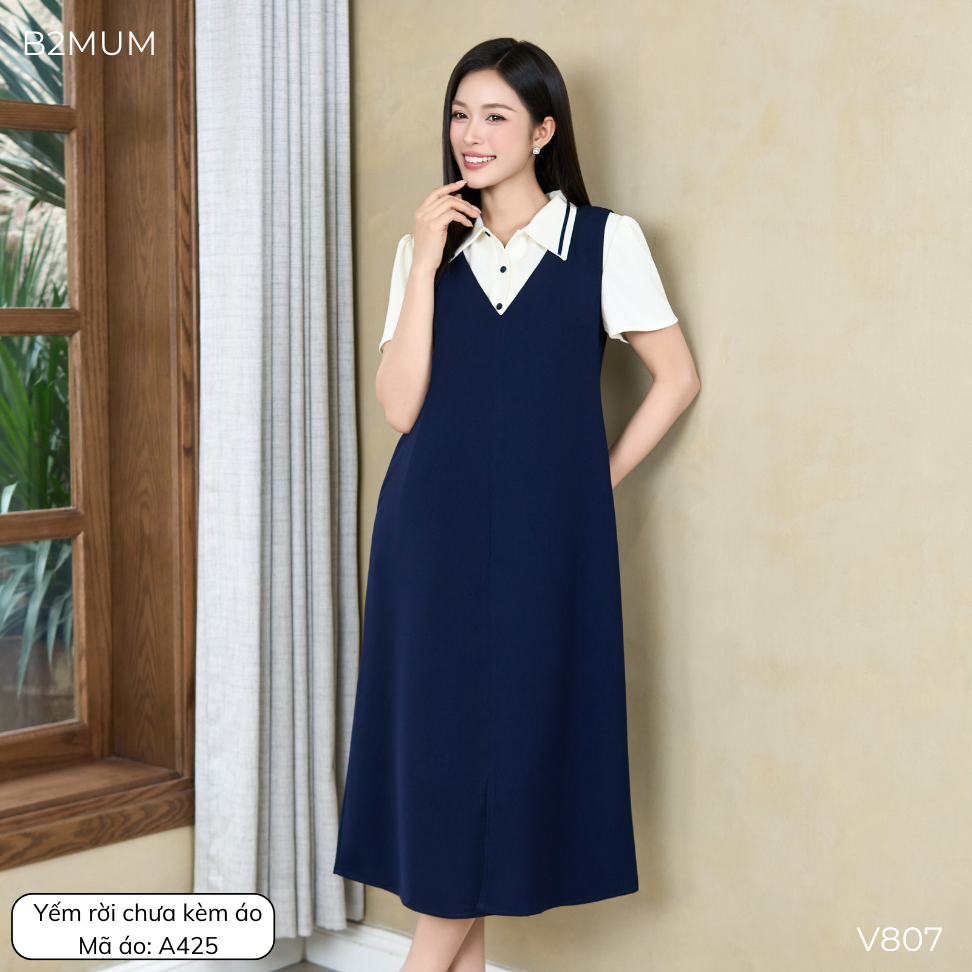 Yếm Bầu Rời Dáng Dài Chữ A Cổ V Thanh Lịch – Váy Yếm Bầu Chất Mềm Mát, Dễ Phối Đi Làm, Đi Chơi  Suri Dress V807 By B2MUM