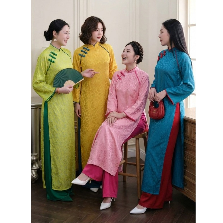 Set áo dài suông dài tay cách tân cổ cao đính khuy vải xanh phối đỏ chất lụa gấm quần ống rộng mặc tết lễ xinh T1446G