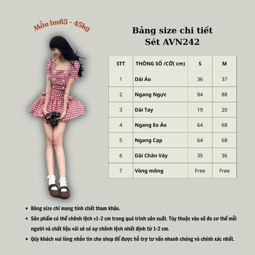 Set Váy Cổ Vuông Cộc Tay Croptop Kèm Chân Váy Xòe Ngắn Kẻ Caro Đỏ Cạp Cao Đi Biển, Du Lịch SAN Clothings - P189