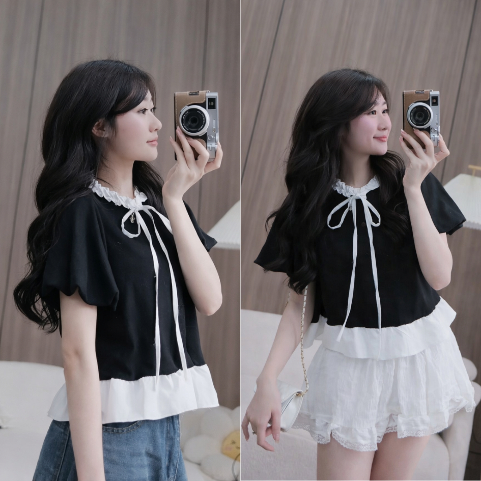 Áo babydoll phối bèo cổ tay phồng phong cách tiểu thư dàng cho nữ LALA A87