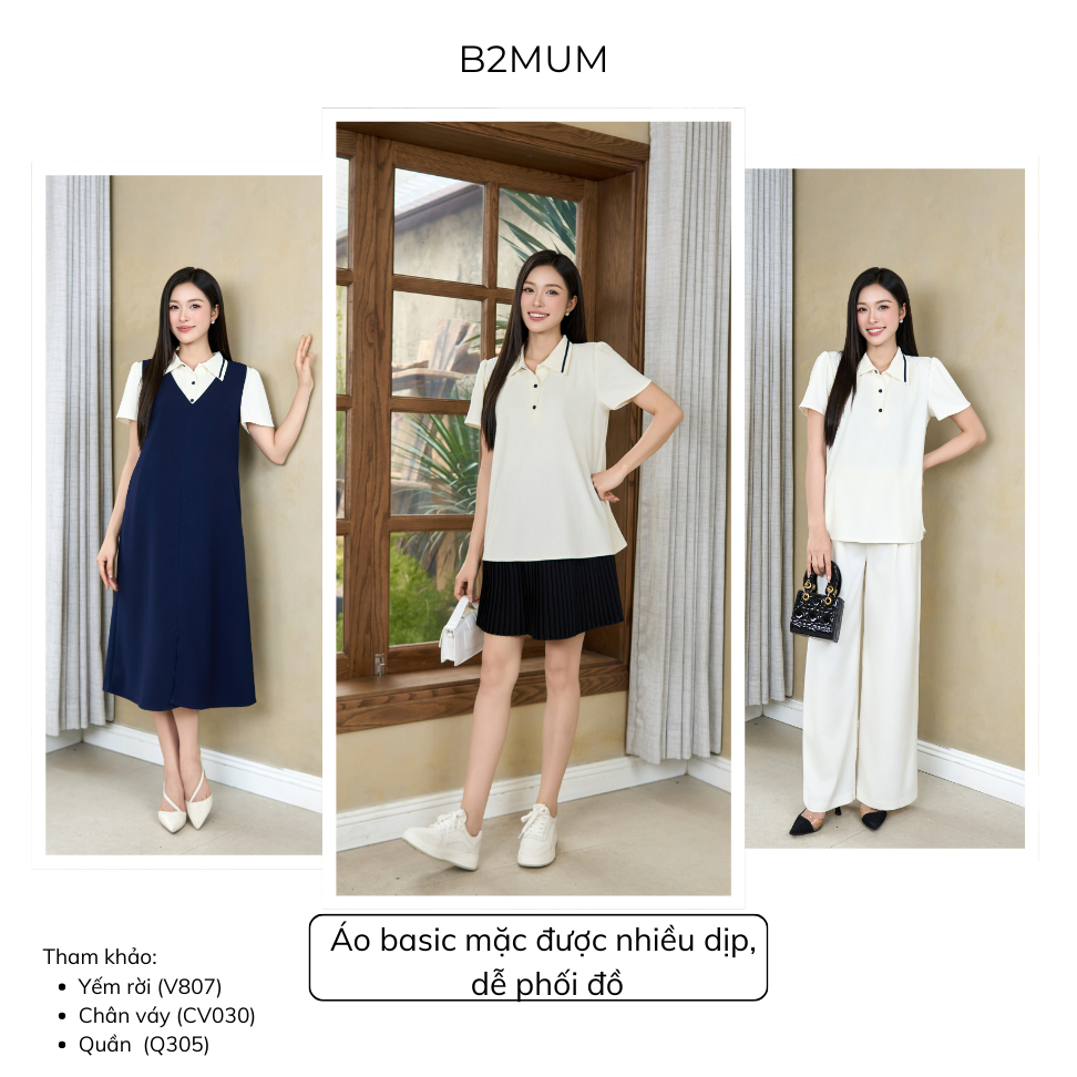 Áo Bầu Cổ Polo Phối Viền Thanh Lịch Vải Mềm Mát Dễ Phối Chân Váy Hoặc Quần, Yếm - A425 B2MUM