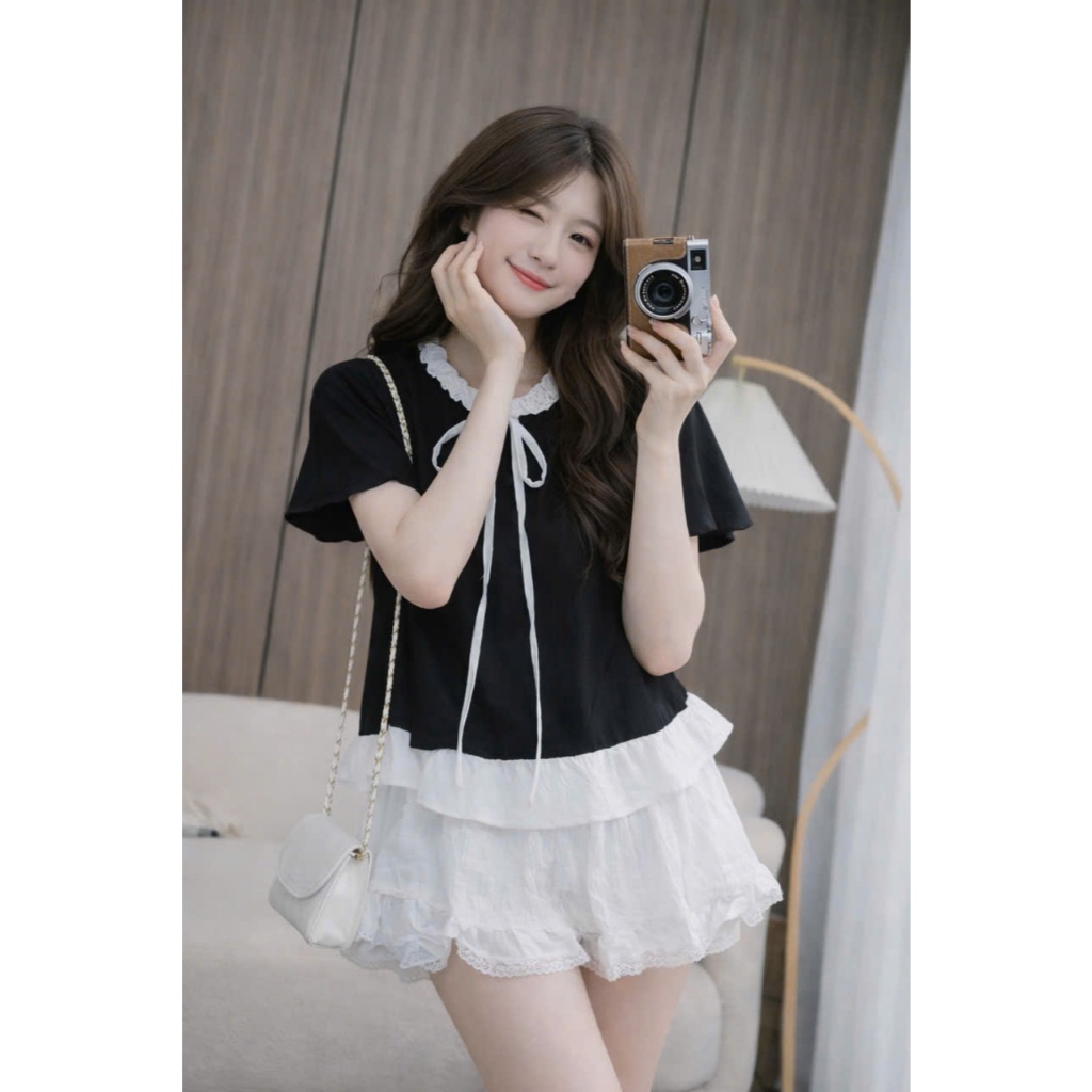 Áo babydoll phối bèo cổ tay phồng phong cách tiểu thư dàng cho nữ LALA A87